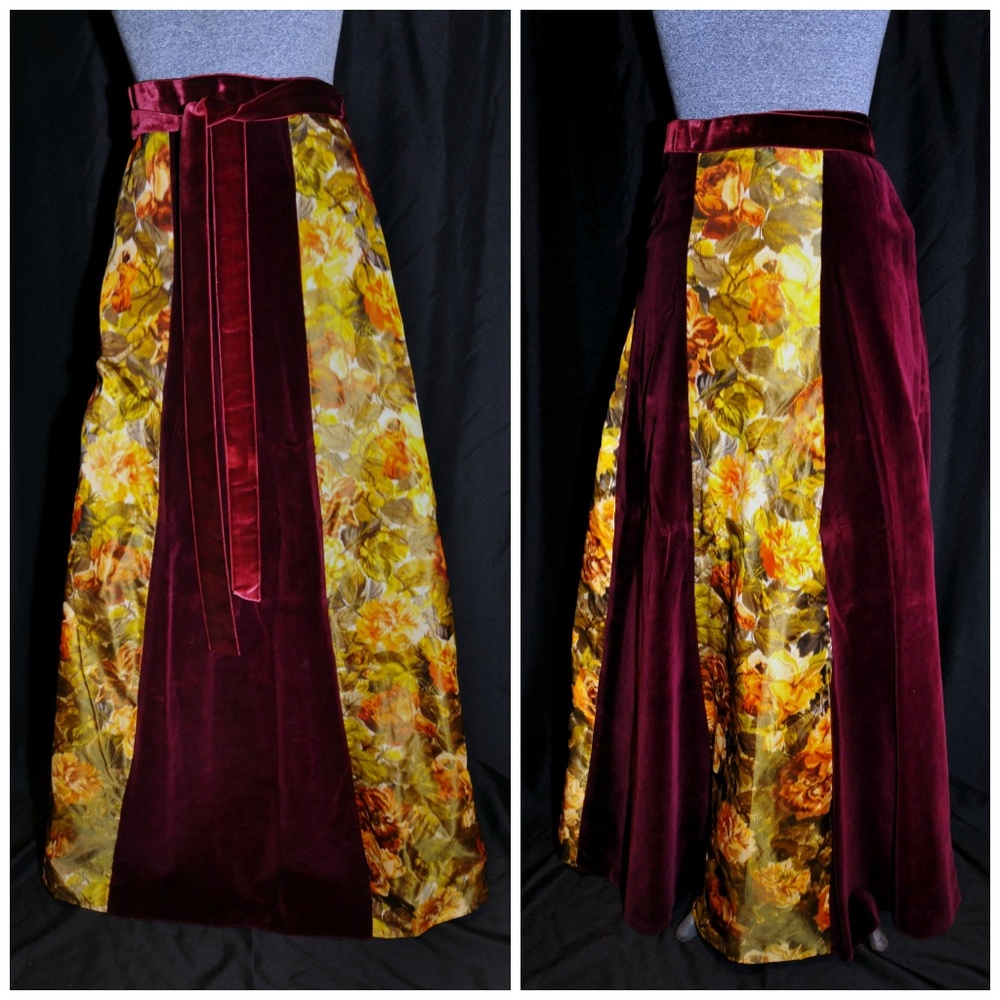 VTG 60's 70's Velvet Floral Maxi Wrap Skirt SM